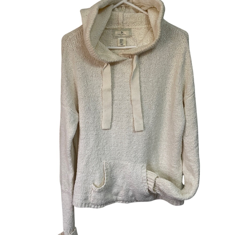 Ruby Moon Womens Cream Knit Hoodie Sweater Size Medium Drop Shoulder Boho Pocket